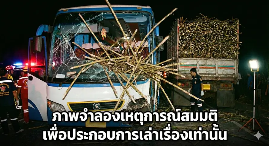 ภาพจำลองเหตุการณ์รถทัวร์ชนรถบรรทุกอ้อยในเวลากลางคืน อ้อยพุ่งทะลุกระจกหน้า